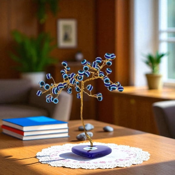 Natriel Evil Eye Bonsai Tree, Blue Glass Beads and Gold Wire, Heart Base Stand, Spiritual Home Decor, 5.5 Inches Tall