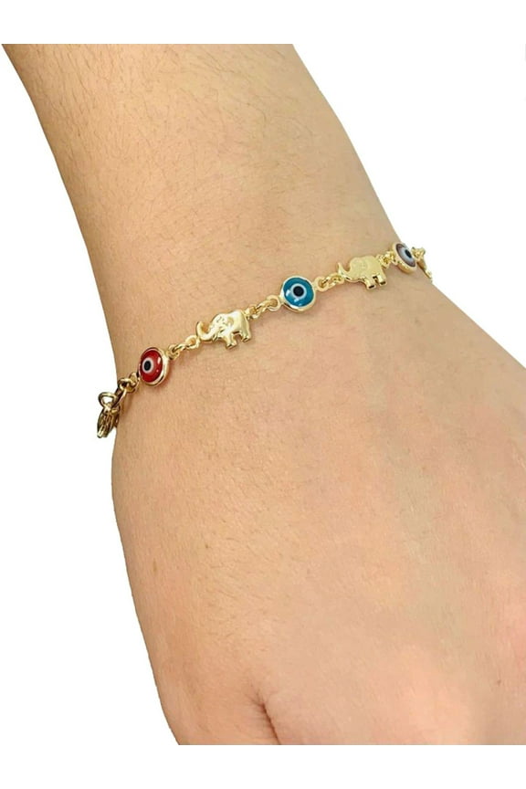Evil Eye Women's Bracelet 14K Gold Filled / Elephant Bracelet / Evil Eye Bracelet 7.5" / Pulsera Para Mujer Mal de Ojo / Pulsera de Elefante en Oro Laminado / Evil Eye Jewelry / Animals Bracelet