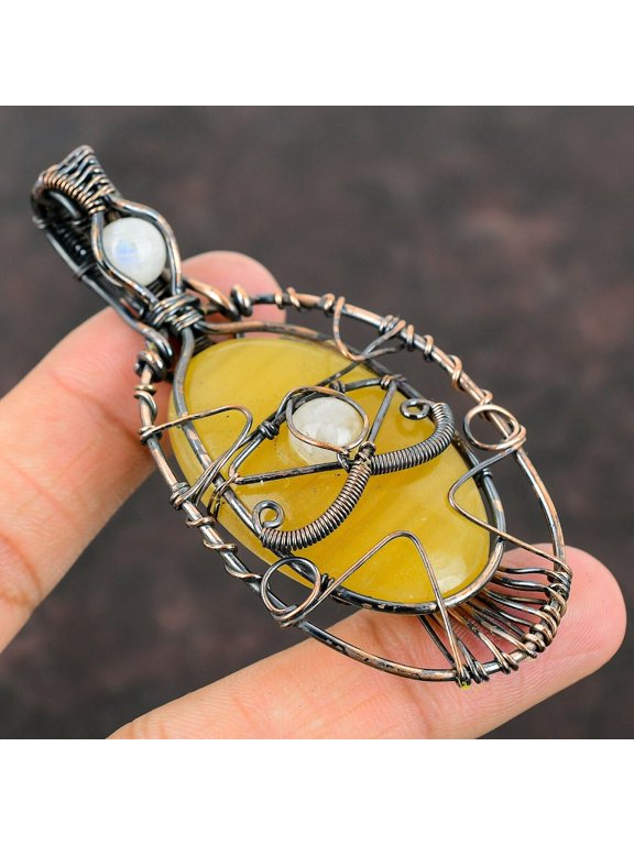 Evil Eye Yellow Lace Agate Pendant Copper Wire Wrapped Pendant Moonstone Gemstone Copper Jewelry Handmade Pendant Evil Eye Jewelry For Women