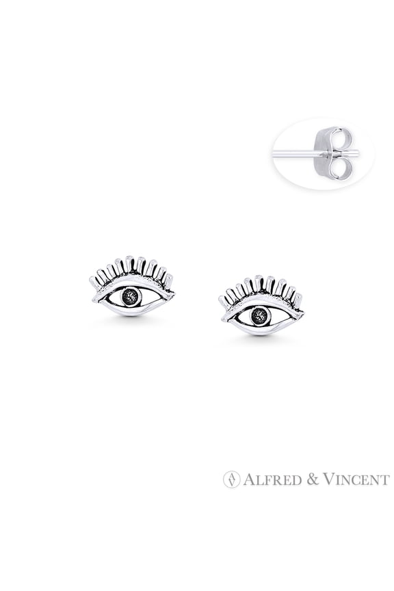 Evil Eye w/ Lash Luck Charm 5x8mm Tiny Stud Earrings in Oxidized .925 Sterling Silver