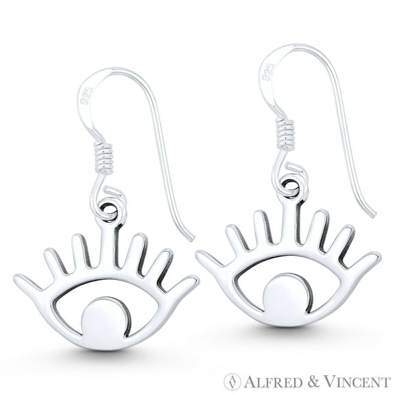 Evil Eye w/ Lash Luck Charm Dangling Hook Earrings in Oxidized .925 Sterling Silver
