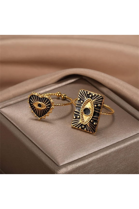 Evil Eyes Geometric Heart Shape Open Rings (Adjustable Ring,Set of 2)