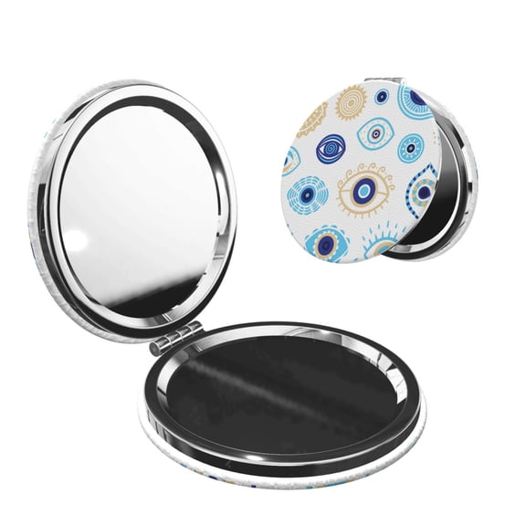 Evil Eyes Magic Talisman Portable Double-Sided Face Mirror Round Shape, Magnifying Compact Pocket Mirror with PU Leather Cover