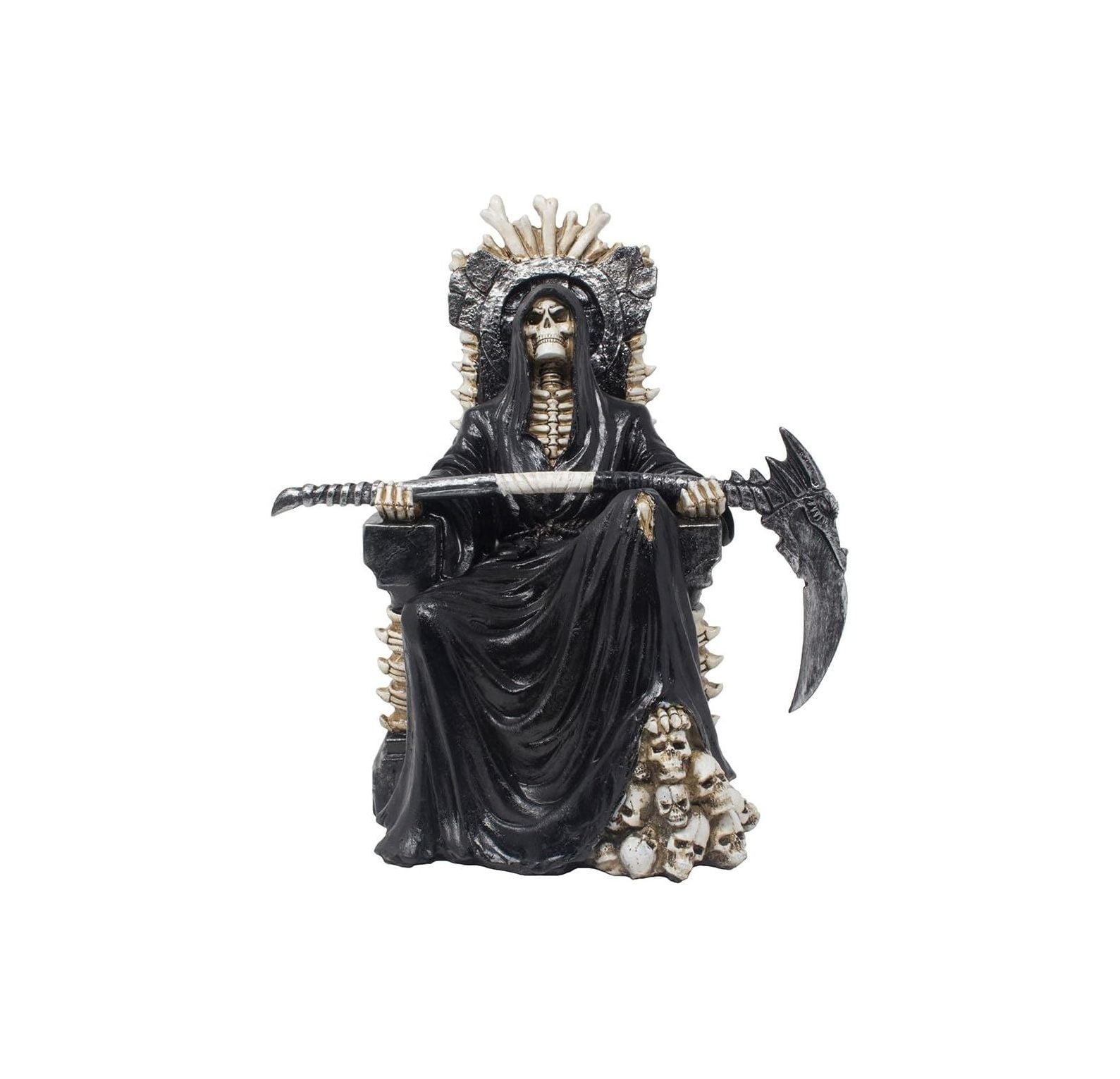 Evil Grim Reaper on Bone Throne Statue with Scythe and Accents for Scary Decorations or Spooky