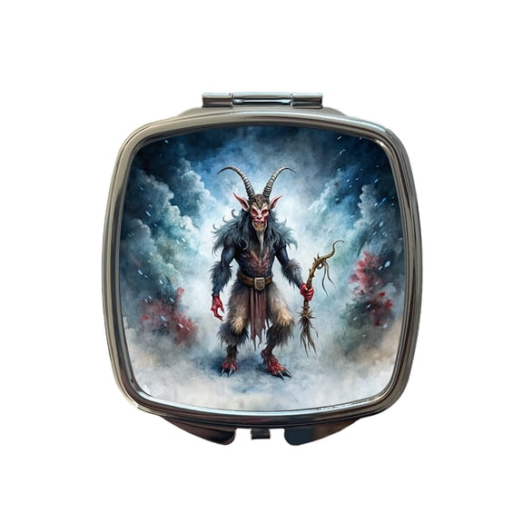Evil Krampus Black Watercolor Christmas Travel Makeup Handbag Purse Small Pocket Compact Mirror