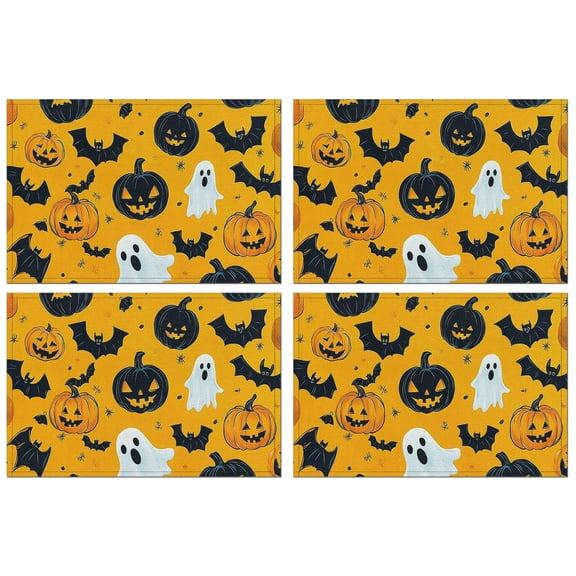 Evil Pumpkin Bat Ghost Halloween Placemats Set of 4 Autumn Halloween Place Mats Washable Anti-Skid Table Mats for Party Kitchen Dining Decoration