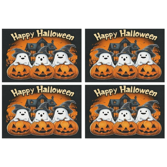 Evil Pumpkin Witch Bat Spider Spooky Halloween Placemats Set of 4 Autumn Halloween Place Mats Washable Anti-Skid Table Mats for Wedding Restaurant & Camping