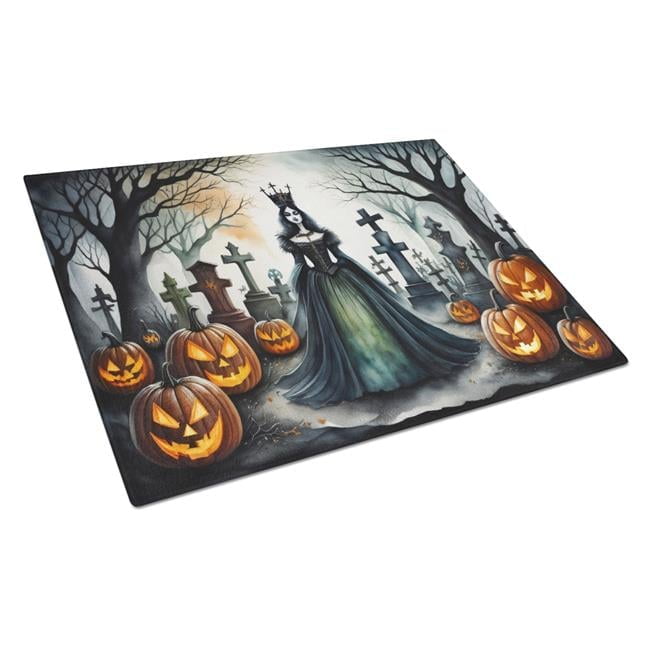 Large Evil Queen Halloween Glass Cutting Board with Pumpkin Design