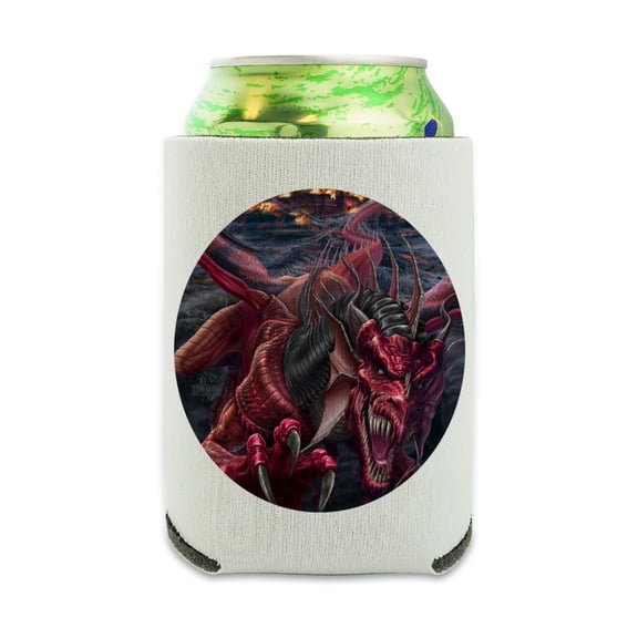 Evil Red Dragon Burning Castle Night Fantasy Can Cooler - Drink Sleeve Hugger Collapsible Insulator - Beverage Insulated Holder