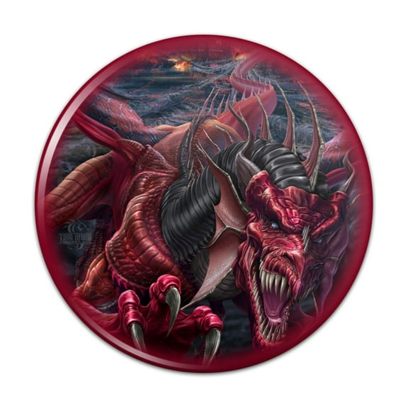 Evil Red Dragon Burning Castle Night Fantasy Pinback Button Pin