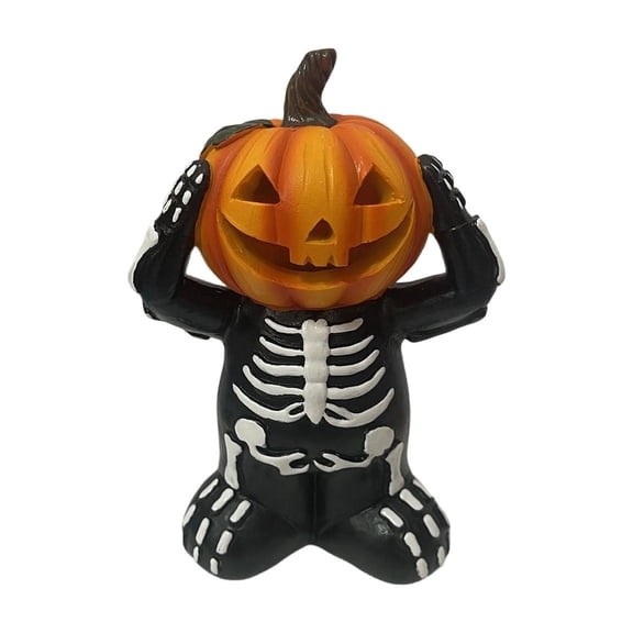 Evil Skeleton Pumpkin Figurines, Halloween Resin Skeleton Statues for Fall Tabletop Decor, Gothic Pumpkin Ornaments for Thanksgiving, Home, Mantel, Shelf