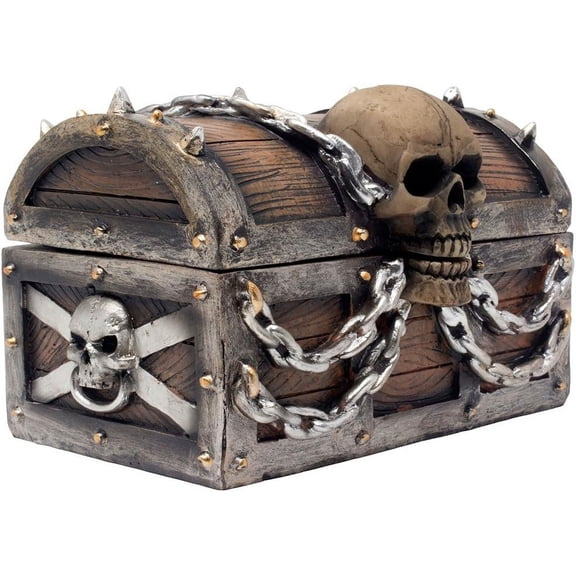 Evil Skull on Treasure Chest Trinket Box Statue with Hidden Storage Compartment for Decorative Gothic Dcor or Spooky Halloween Decorations As Jewelry Boxes or Fantasy Office Gifts