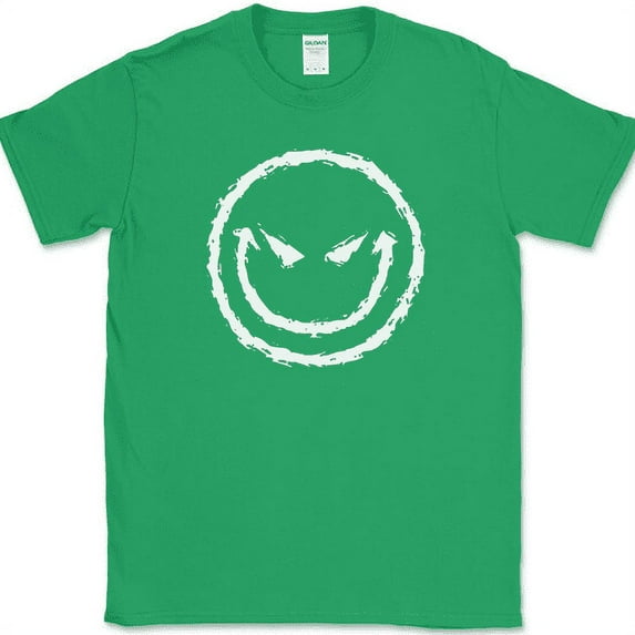 Evil Smiley Face T-Shirt Funny Rebel Biker Humor Sarcastic DJ Club Tee - Green, XL