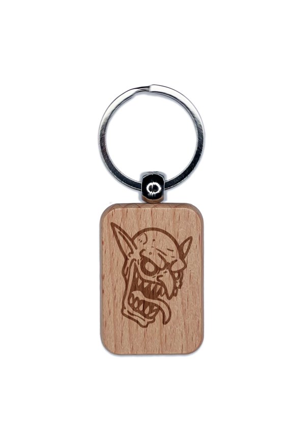 Evil Smiling Goblin Face Rectangle Keychain Charm Tag - Engraved Wood