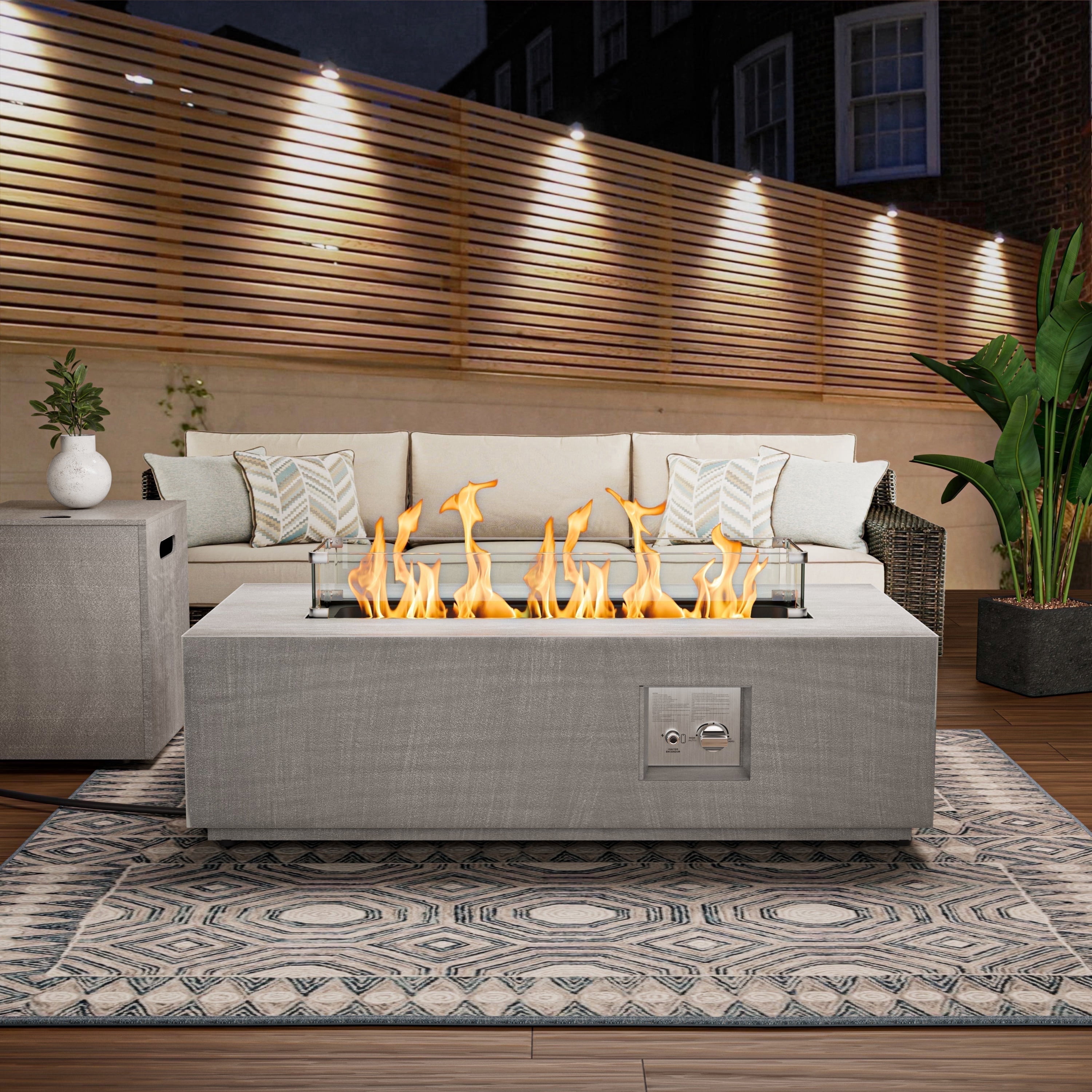Evita 42" Propane Fire Pit Table, Rectangular Outdoor Gas Fire Pit with Lid and Glass Wind Guard, 50,000 BTU Patio Fire Table for Backyard Deck Garden