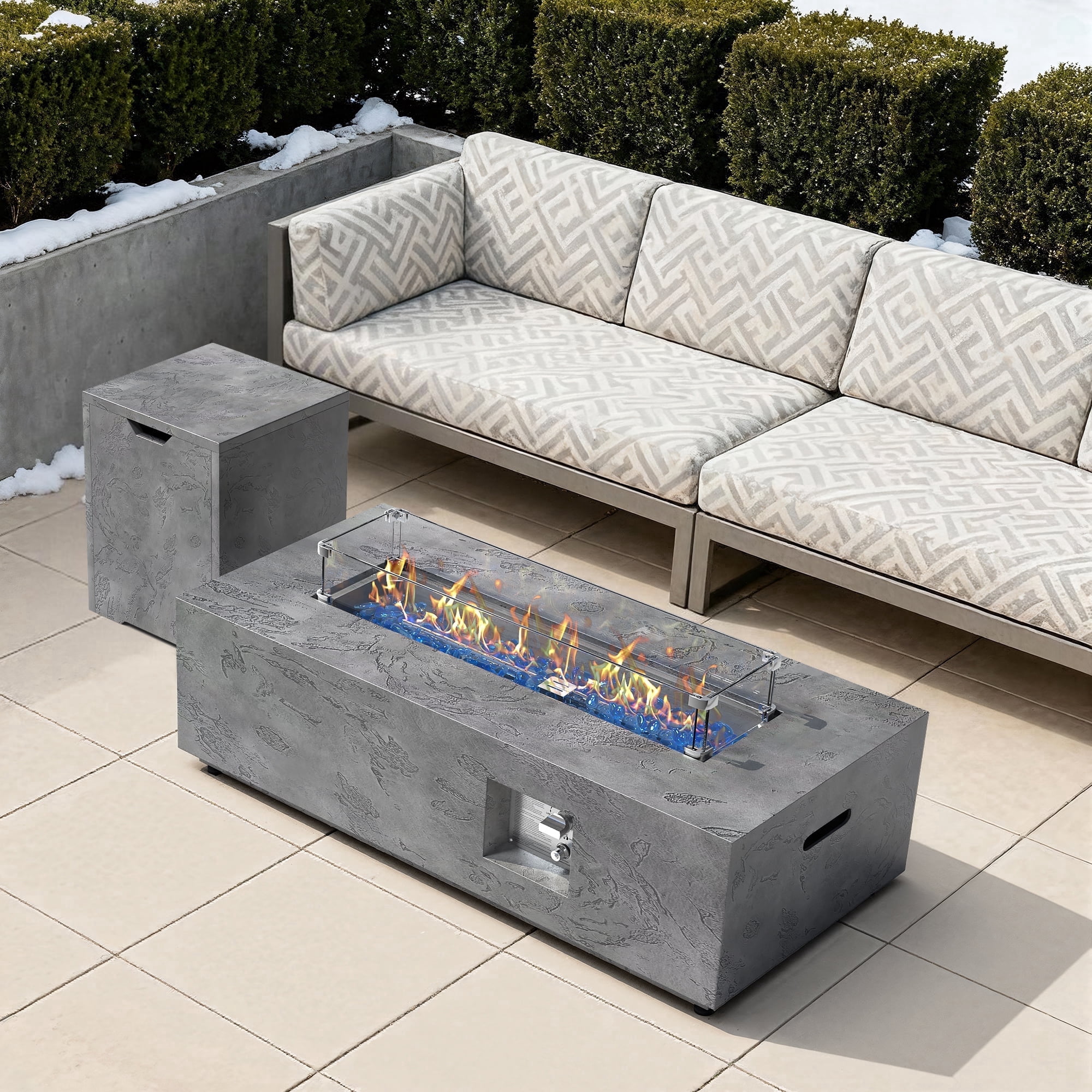 42 in. Retangular Coating Steel Propane Firepit Table, 50,000 BTU Outdoor Fire Pit Table in Gray-Rock Veins