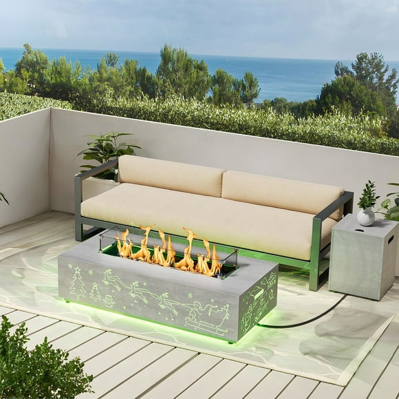 Evita 42" Propane Fire Pits for Outdoor 50,000 BTU Gas Fire Pit Table with Lid ,Glass stone,Windguard Glass,Tank Cover,LED Light Strip
