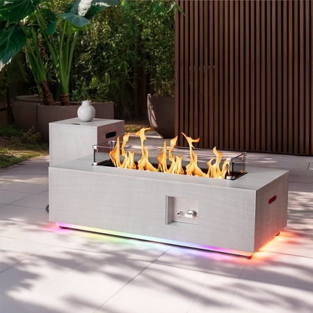 Evita 42" Propane Fire Pits for Outdoor 50,000 BTU Gas Fire Pit Table with Lid ,Glass stone,Windguard Glass,Tank Cover,LED Light Strip