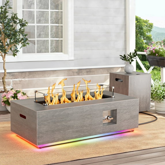 Evita 42" Propane Fire Pits for Outdoor 50,000 BTU Gas Fire Pit Table with Lid ,Glass stone,Windguard Glass,Tank Cover,LED Light Strip