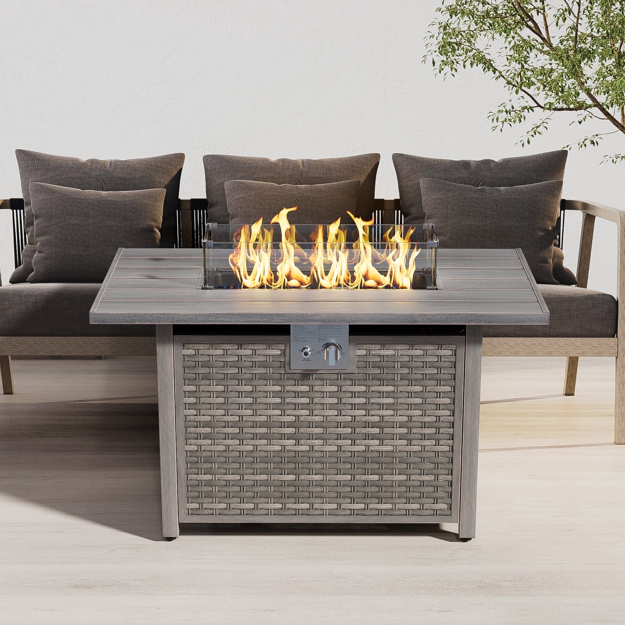 Evita 43'' 50,000 BTU Retangular Outdoor Gas Propan Fire Pit Table in Brown Wicker with Removable Lid and Waterproof Cover