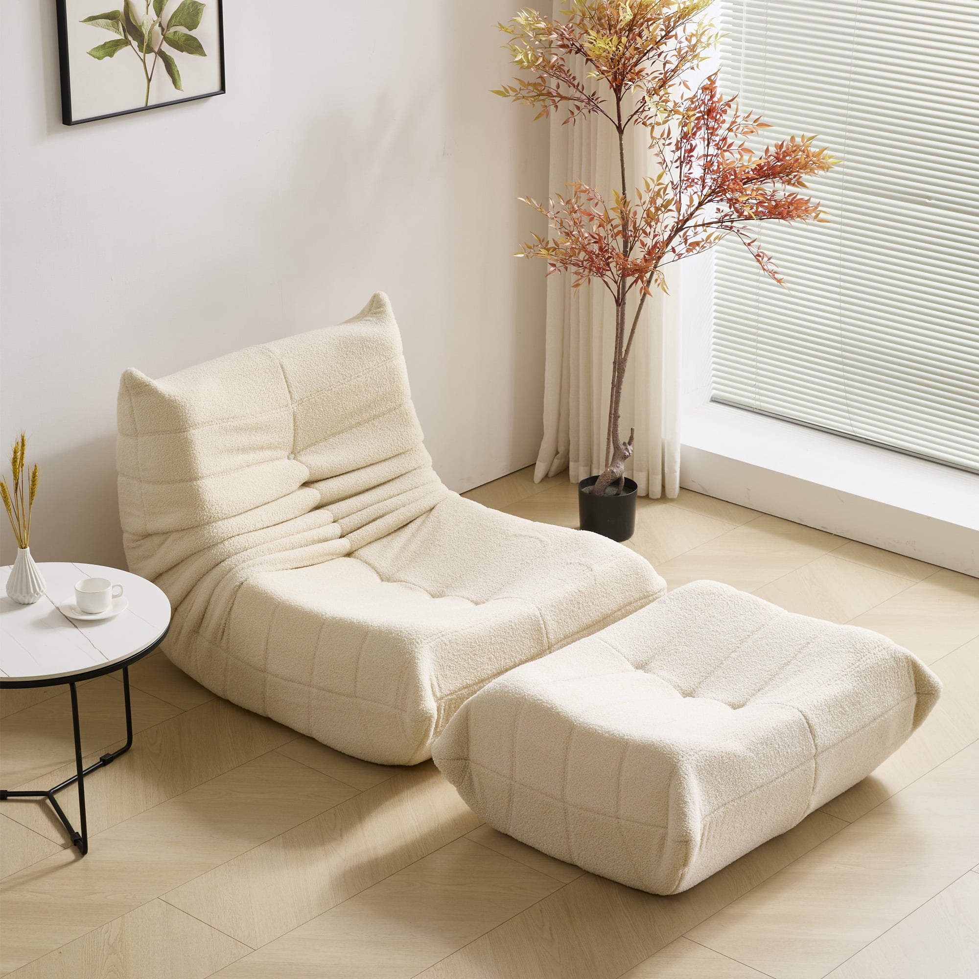 Evita High Density Memory Foam Lounge Chair for Living Room Bedroom Office (White-Single Chair with Ottoman)