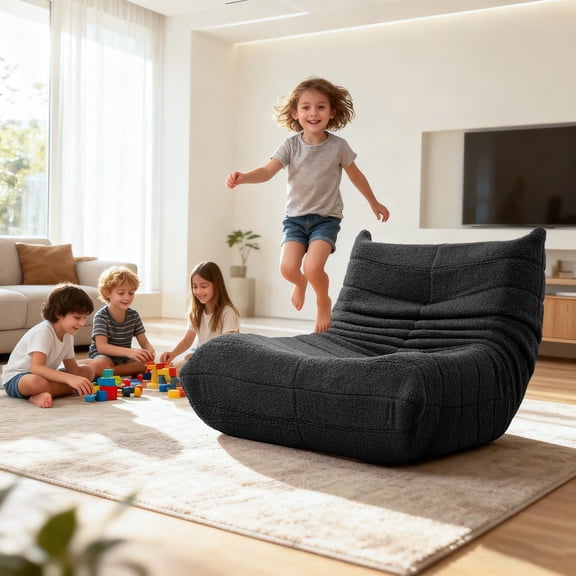 Evita Teddy Fabric Black Bean Bag Chair, Memory Foam Lounge Chair for Adults, Ergonomic Floor Seating Sofa for Living Room or Bedroom