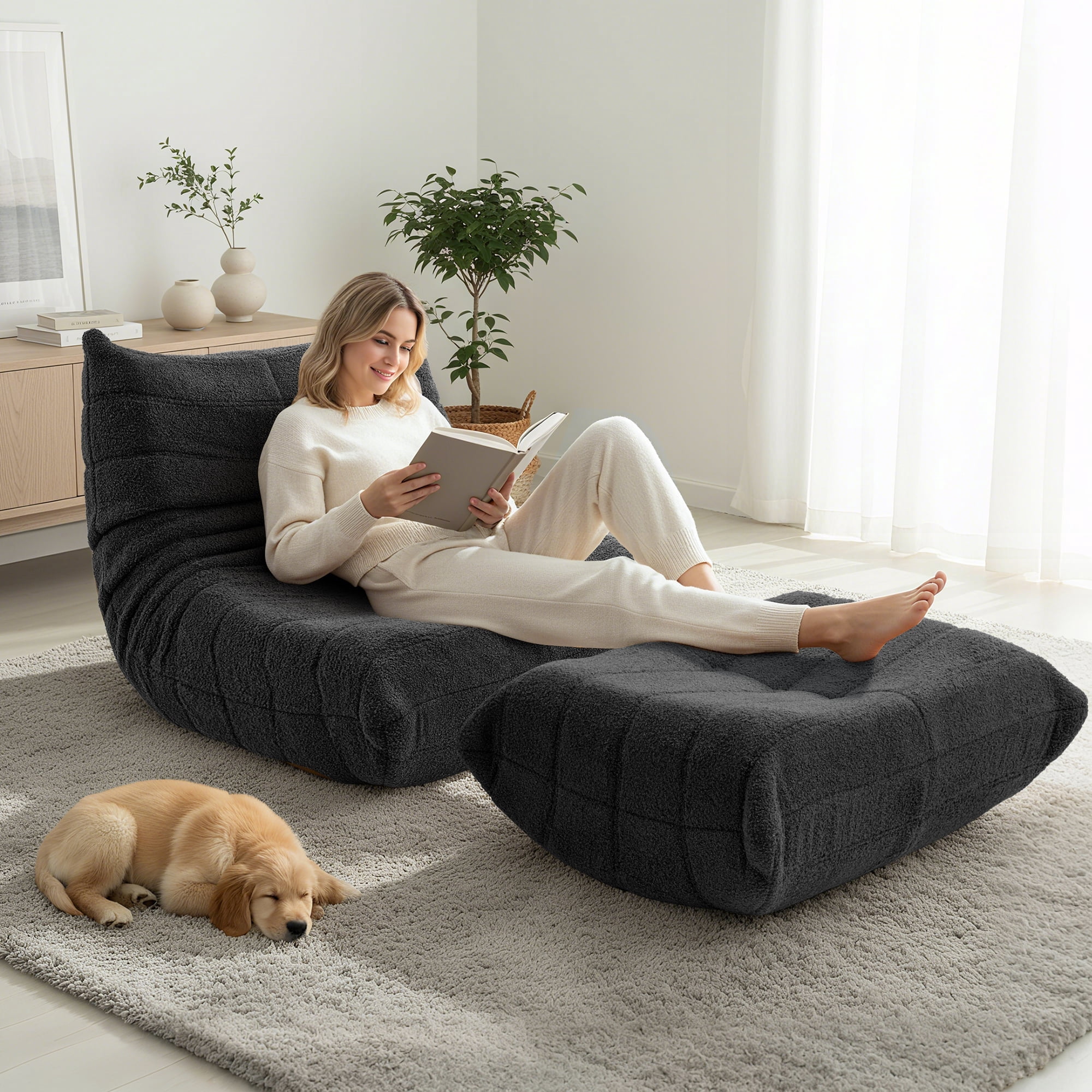Evita Teddy Fabric Black Bean Bag Chair with Ottoman, Memory Foam Lounge Chair for Adults, Ergonomic Floor Seating Sofa for Living Room or Bedroom