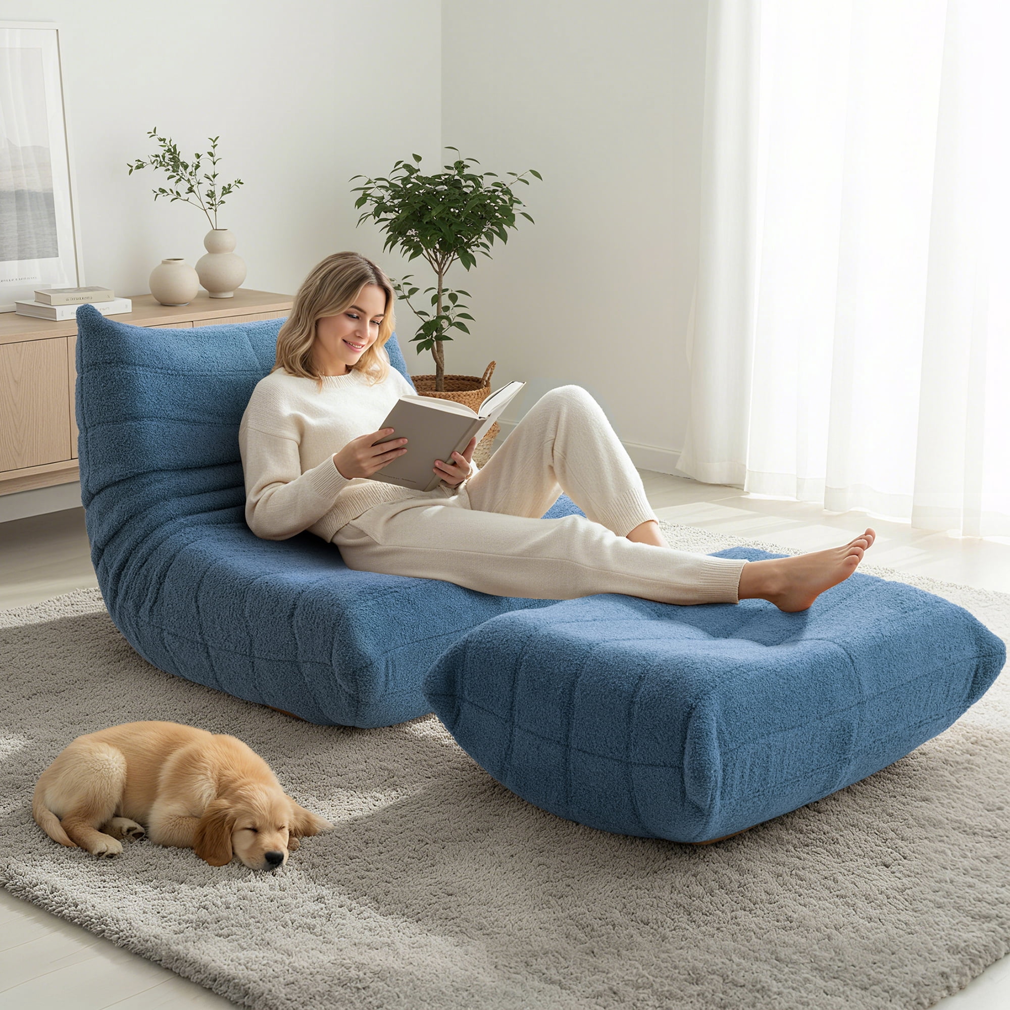 Evita Teddy Fabric Blue Gray Bean Bag Chair with Ottoman, Memory Foam Lounge Chair for Adults, Ergonomic Floor Seating Sofa for Living Room or Bedroom