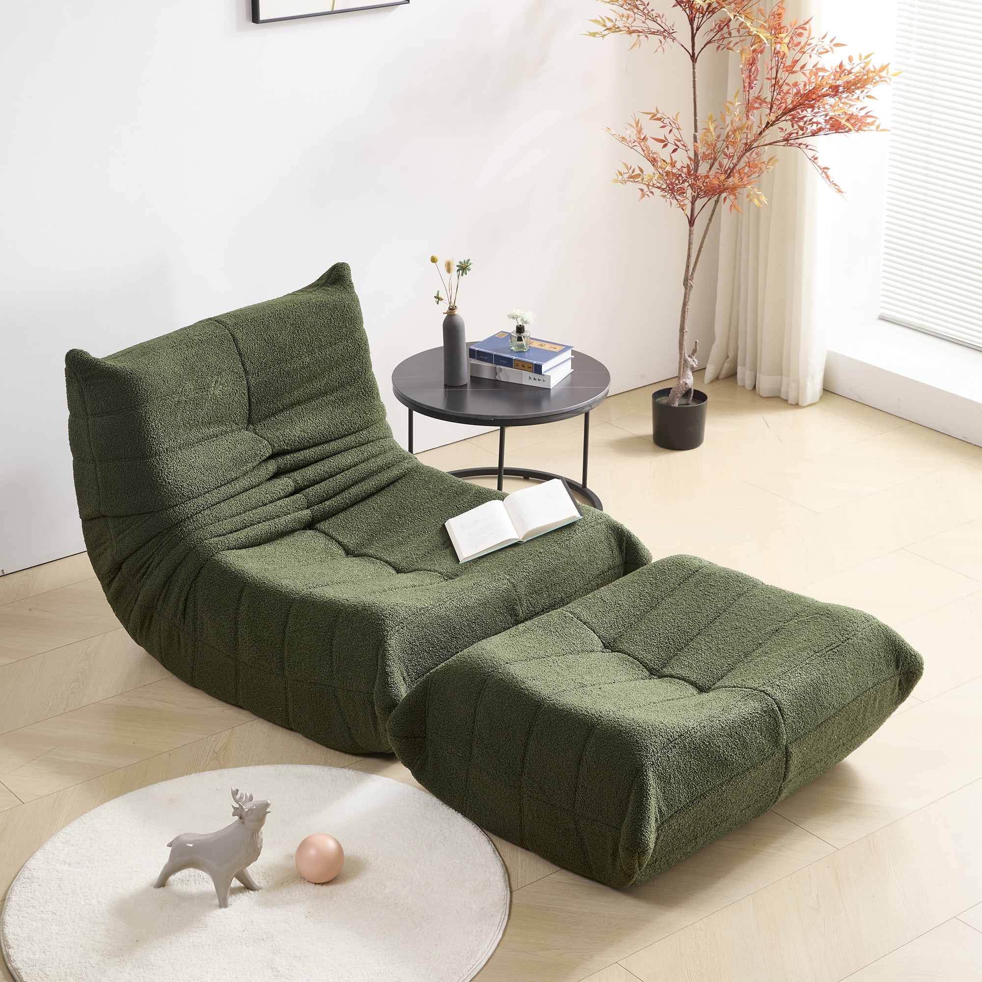 Evita Teddy Fabric Green Bean Bag Chair with Ottoman, Memory Foam Lounge Chair for Adults, Ergonomic Floor Seating Sofa for Living Room or Bedroom