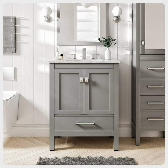 Eviva Aberdeen 24" Transitional Gray Bathroom Vanity with White Carrara Countertop