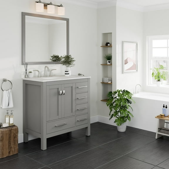 Eviva Aberdeen 36" Transitional Gray Bathroom Vanity with White Carrara Quartz Countertop