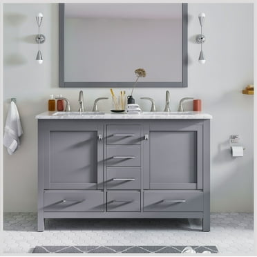 Eviva Aberdeen 48" Gray Transitional Double Sink Bathroom Vanity w/ White Carrara Top