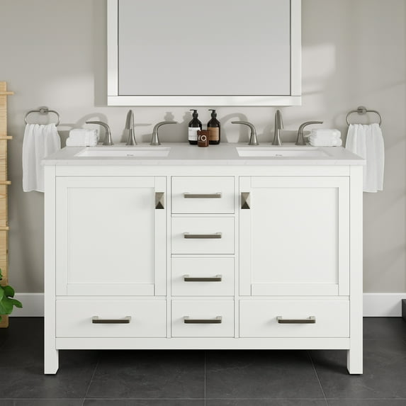 Eviva Aberdeen 48"W x 22"D White Double Sink Bathroom Vanity with White Carrara Quartz Countertop and Undermount Porcelain Sinks