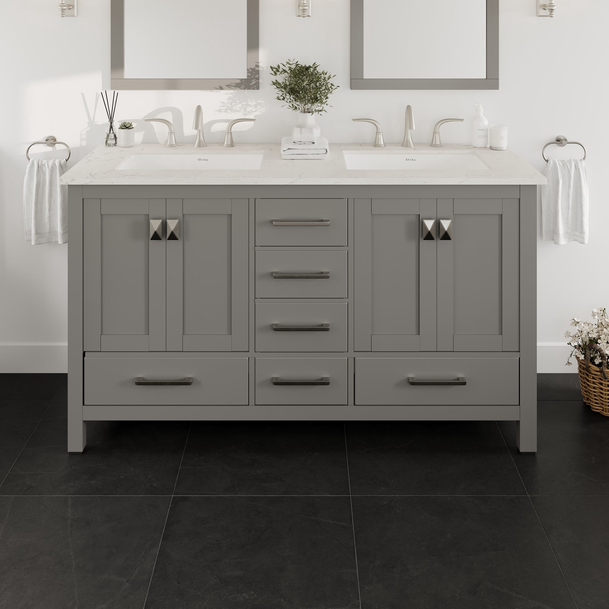 Eviva Aberdeen 60" Transitional Gray Bathroom Vanity with White Carrara ...