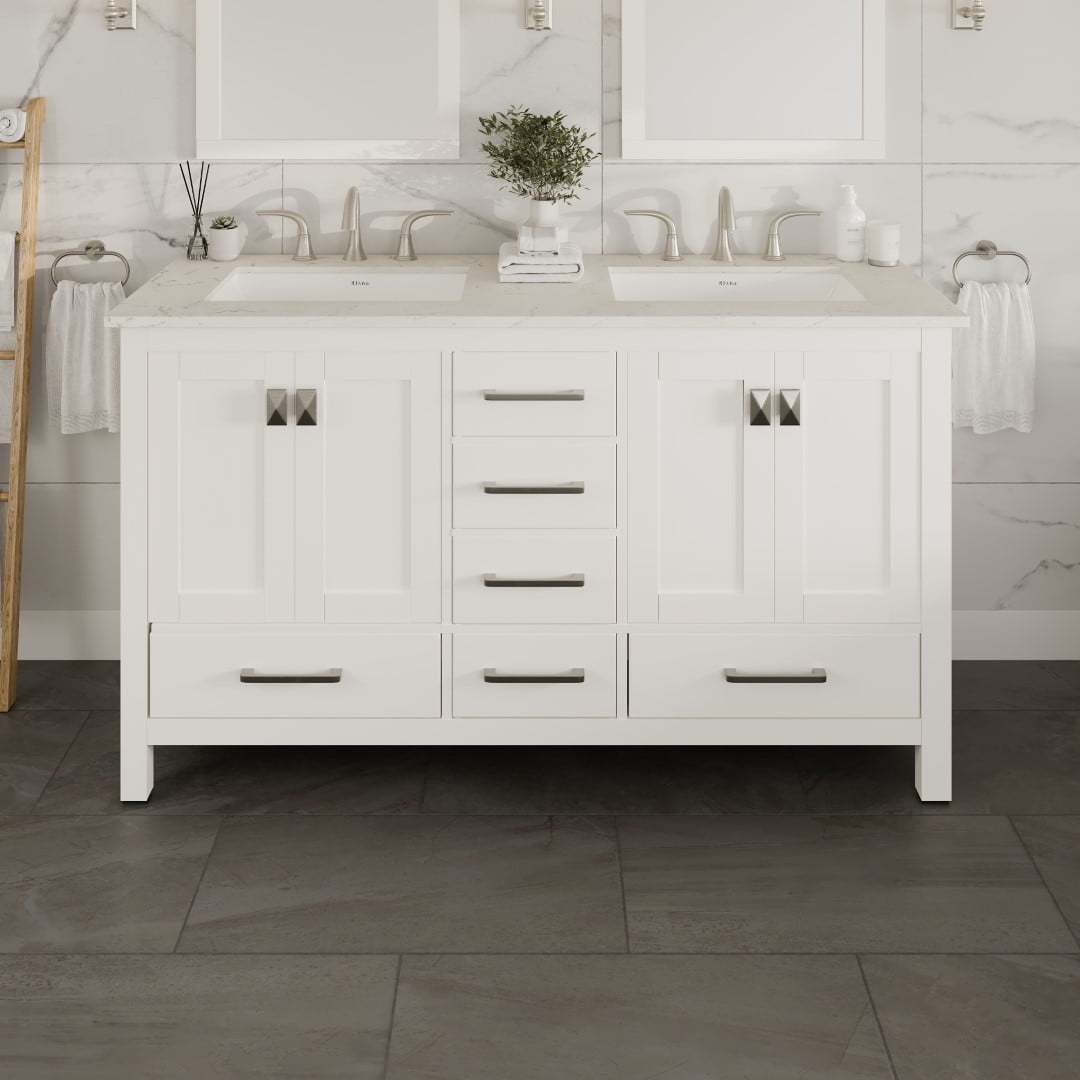 Aberdeen White Double Sink Bathroom Vanity with Carrara Quartz Top