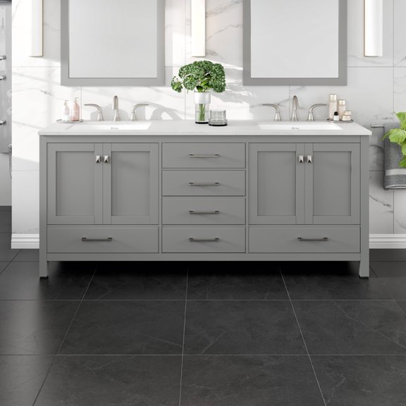 Eviva Aberdeen 78" Transitional Gray Bathroom Vanity with White Carrara Quartz Countertop