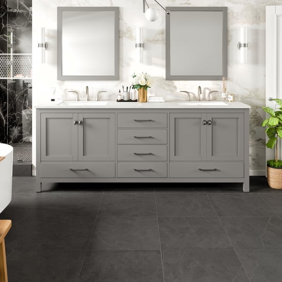 Eviva Aberdeen 84″ Transitional Grey Bathroom Vanity with White Carrara Quartz Countertop
