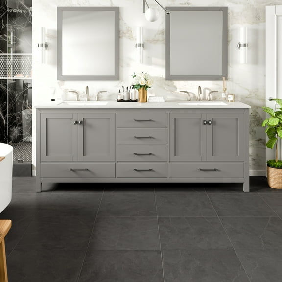 Eviva Aberdeen 84"W x 22"D Gray Double Sink Bathroom Vanity with White Carrara Quartz Vanity Top and Rectangular Undermount Sinks