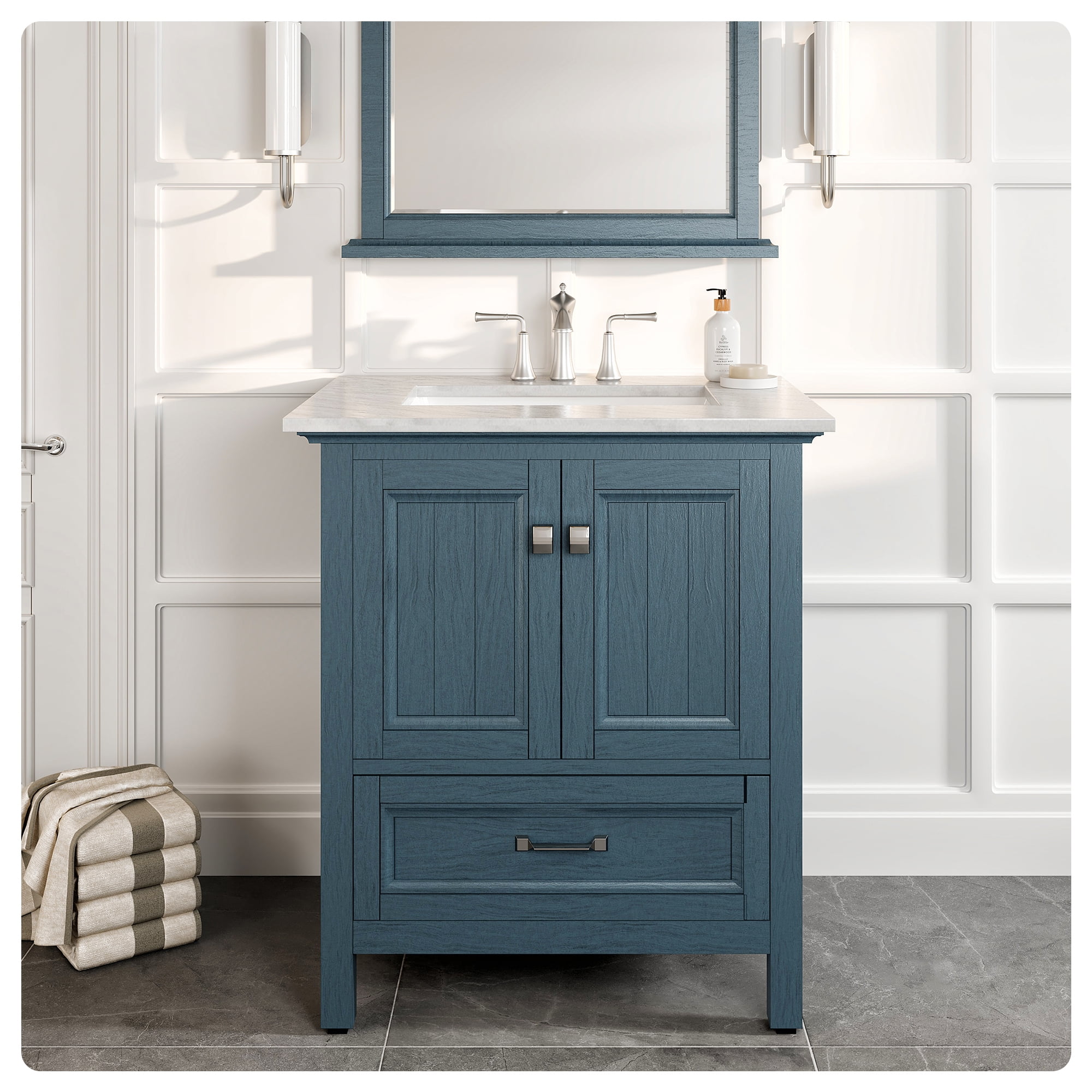 Britney 30" Ash Blue Bathroom Vanity with White Marble Top