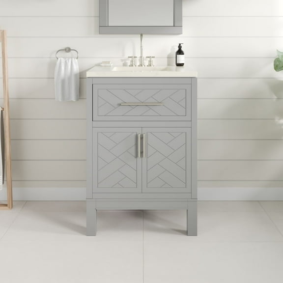 Eviva Cambridge 24 in. Gray Single Sink Bath Vanity with Bianco Bella Quartz Top and Undermount Porcelain Sink