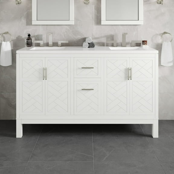 Eviva Cambridge 60 in. White Double Sink  Bath Vanity with White Quartz Top and Undermount Porcelain Sinks