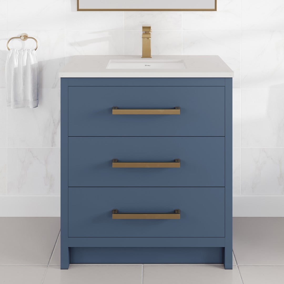 Eviva Curio 30"W x 18"D Dark Blue Bathroom Vanity with White Carrara ...