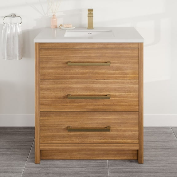 Eviva Curio 30"W x 18"D Walnut Bathroom Vanity with White Carrara Quartz Countertop and Undermount Porcelain Sink