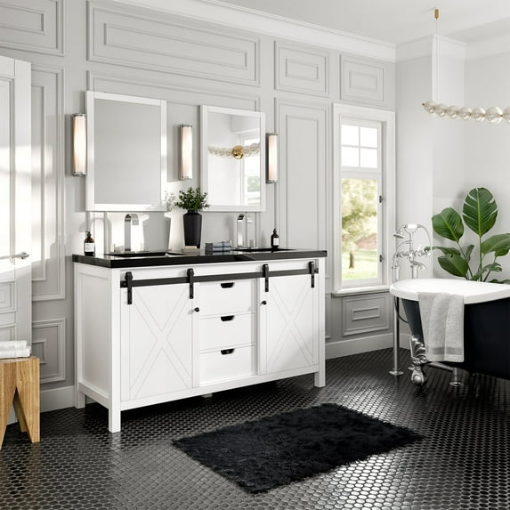Eviva Dallas 60 in. White Bathroom Vanity with Absolute Black Granite Countertop