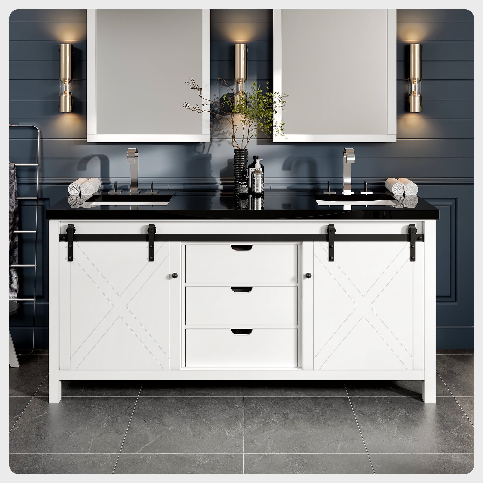 Eviva Dallas 72 in. White Bathroom Vanity with Absolute Black Granite Countertop