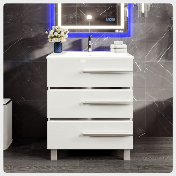 Eviva Deluxe 24"W x 18"D White Freestanding Bathroom Vanity with White Porcelain Integrated Sink