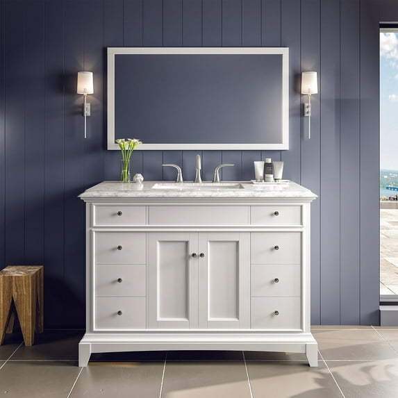 Eviva Elite Princeton 42" White Solid Wood Bathroom Vanity Set with Double OG White Carrera Marble Top
