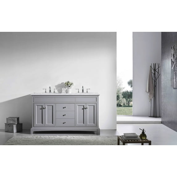 Eviva Elite Princeton 72" Grey Solid Wood Bathroom Vanity Set with Double OG White Carrera Marble Top