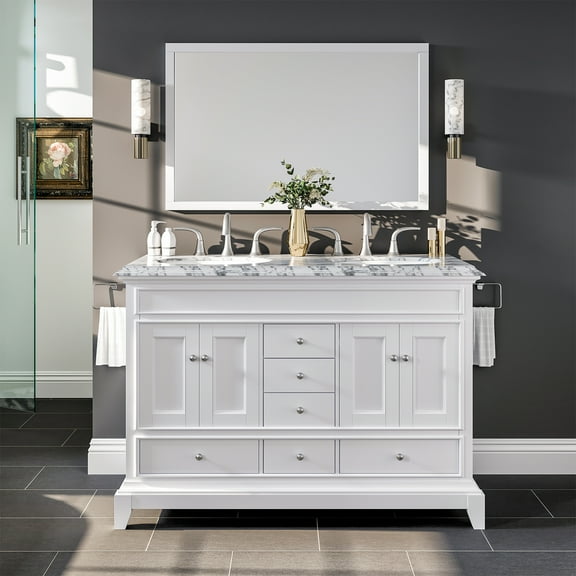 Eviva Elite Stamford 48" White Solid Wood Bathroom Vanity Set with Double OG White Carrara Marble Top & White Undermount Porcelain Sink
