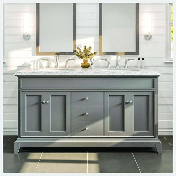 Eviva Elite Stamford 60" Gray Solid Wood Bathroom Vanity Set with Double OG White Carrara Marble Top & White Undermount Porcelain Sinks